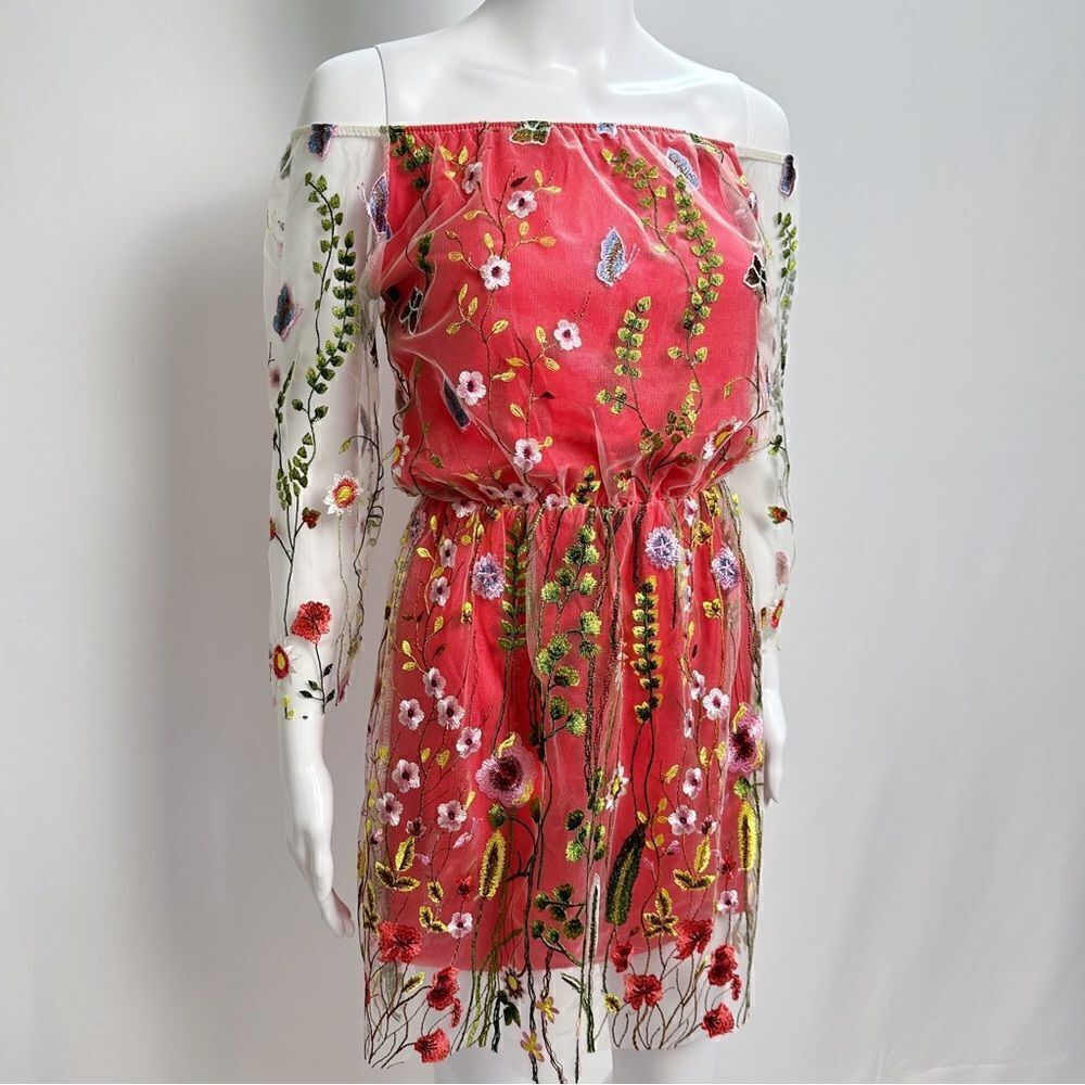 Red Embroidered Floral Dress - Layered Sheer Mesh - Size XS - Maximalism